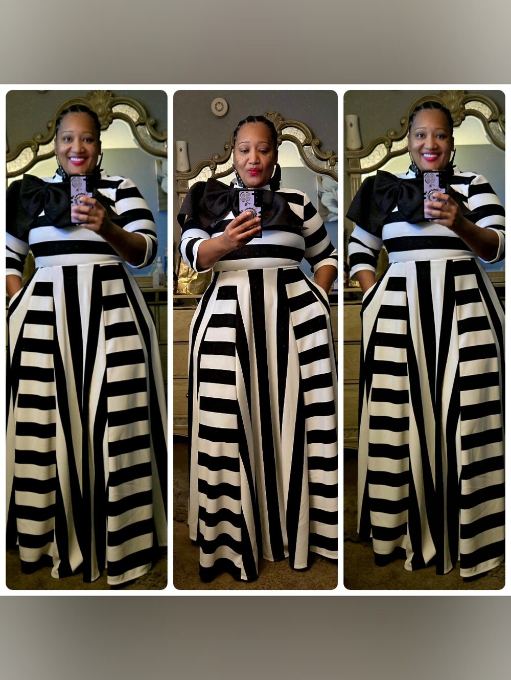 Elegant Black & White Striped Maxi Dress with Bow Detail